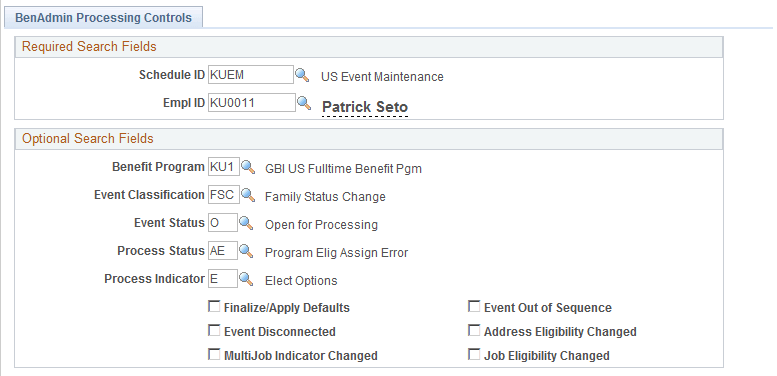BenAdmin Processing Controls page