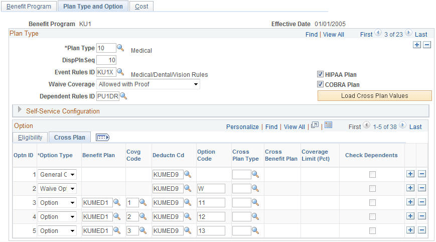 Benefit Program Table - Plan Type and Option page: Cross Plan tab