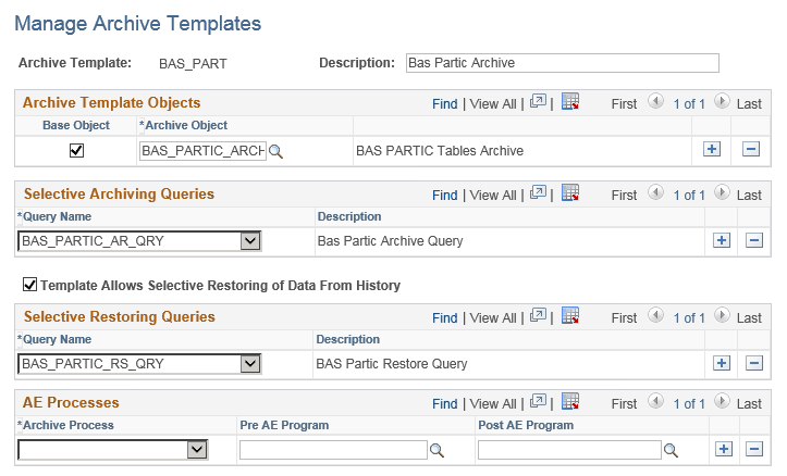 Manage Archive Templates page