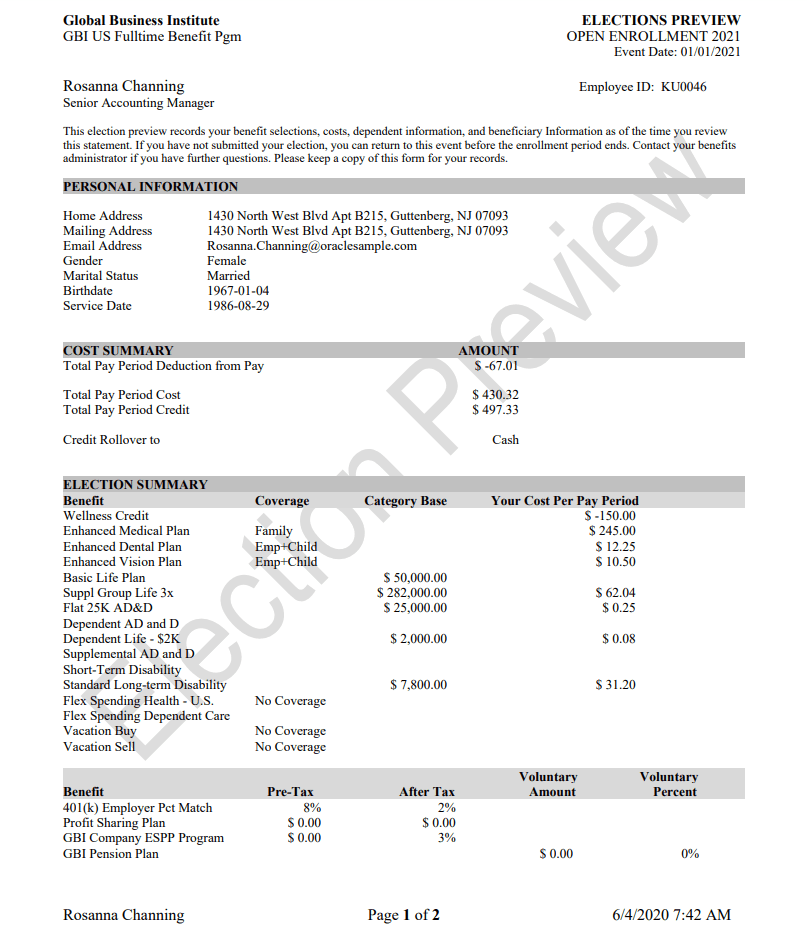 Print view of the Enrollment Preview statement