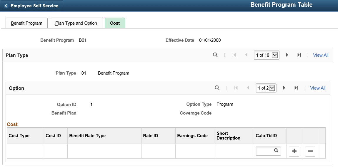 Benefit Program Table - Cost tab