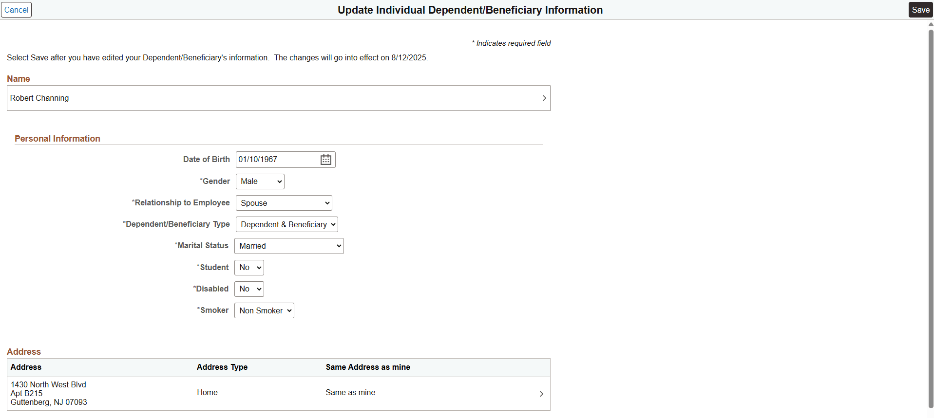 Update Individual Dependent Beneficiary Information Page