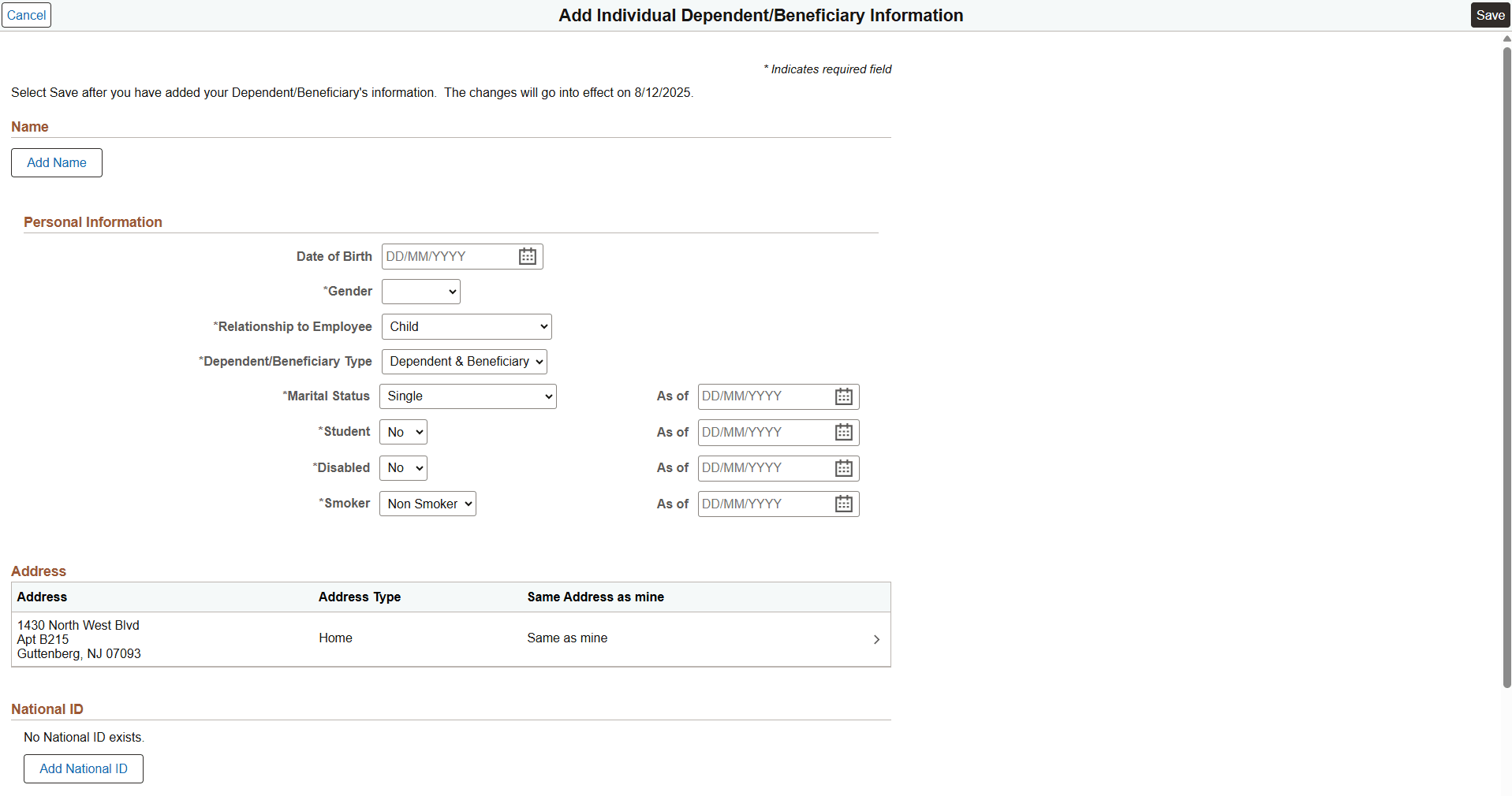 Add Individual Dependent Beneficiary Information Page