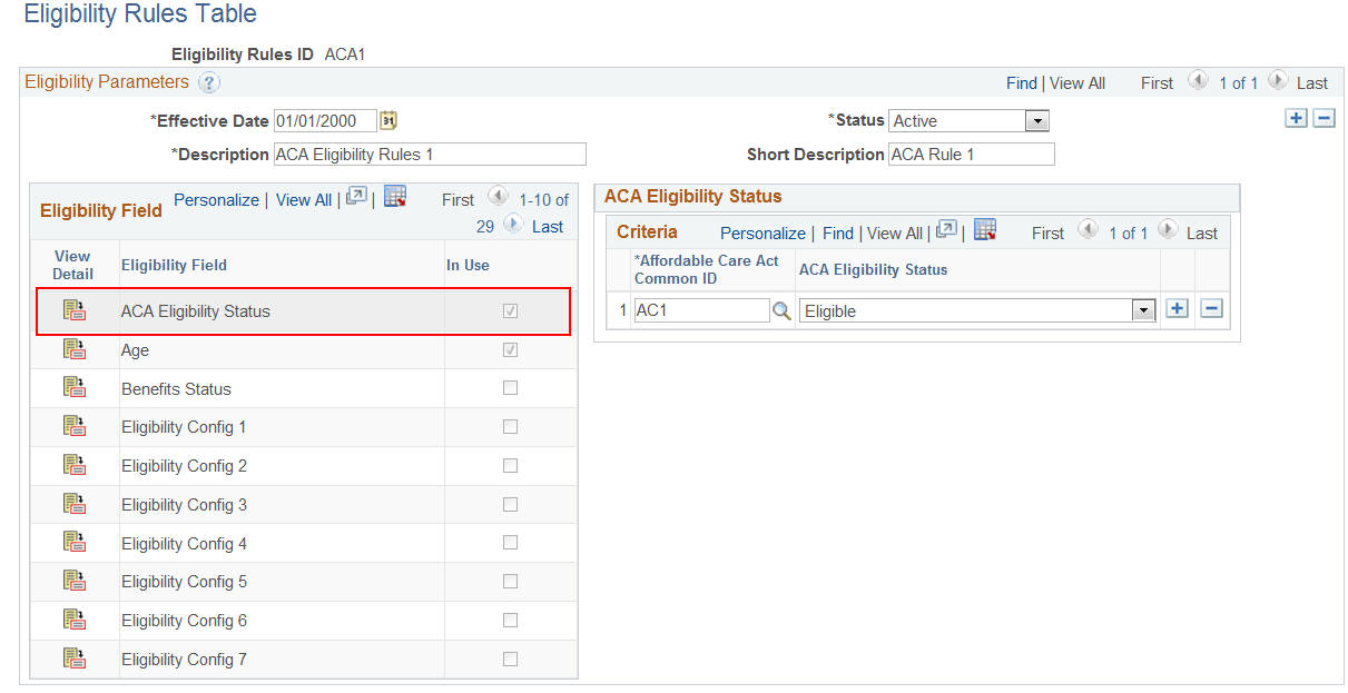 Eligibility Rules Table page