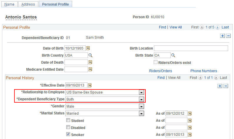Dependent/Beneficiary Data - Personal Profile page