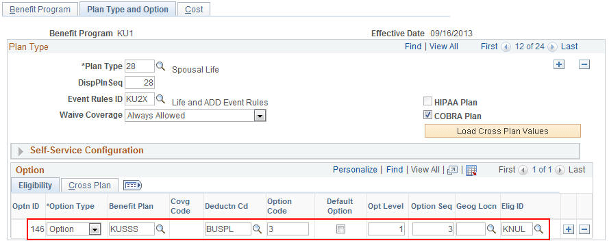 Benefit Program - Plan Type and Option page