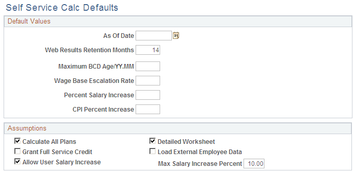 Self Service Calc Defaults page (1 of 3)
