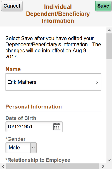 (Smartphone) Individual Dependent/Beneficiary Information page