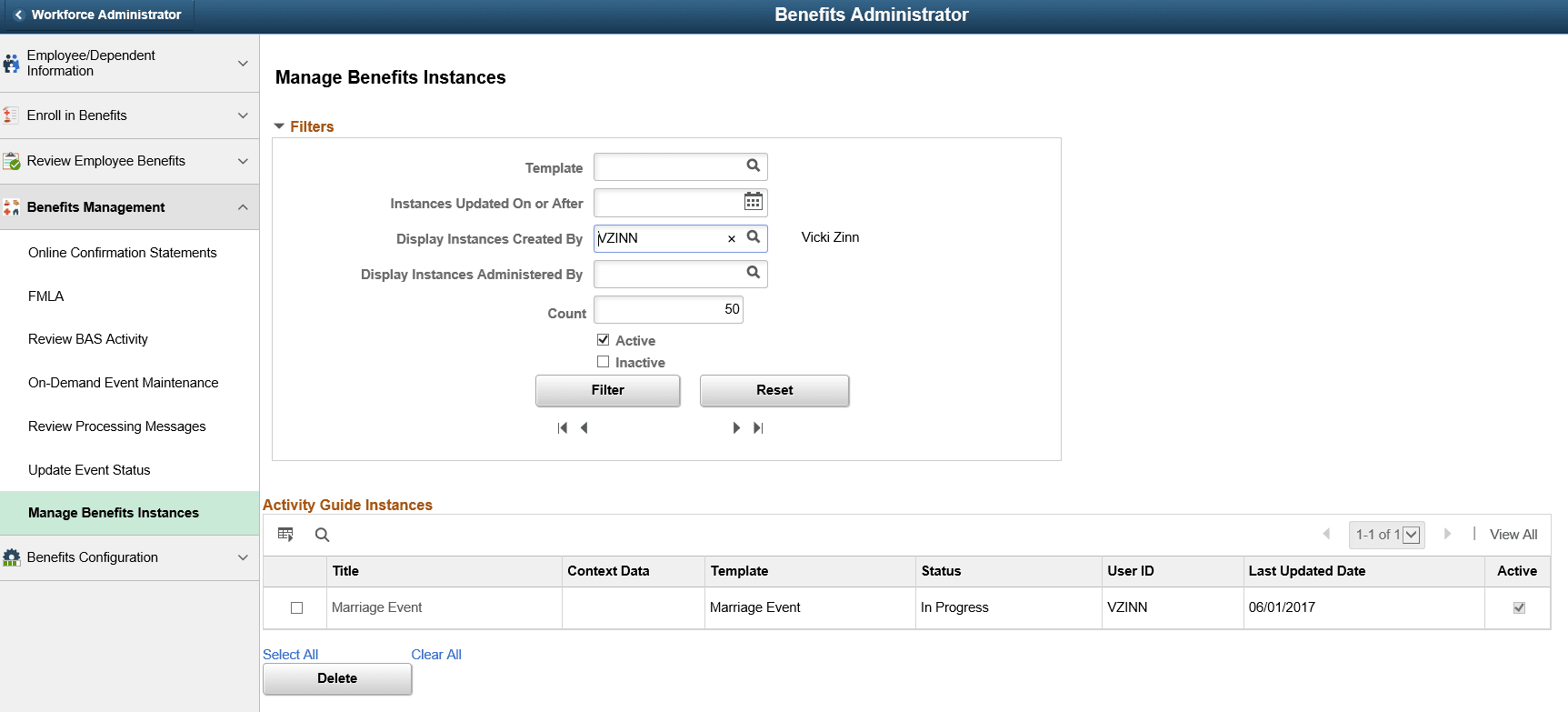 Manage Benefits Instances Page