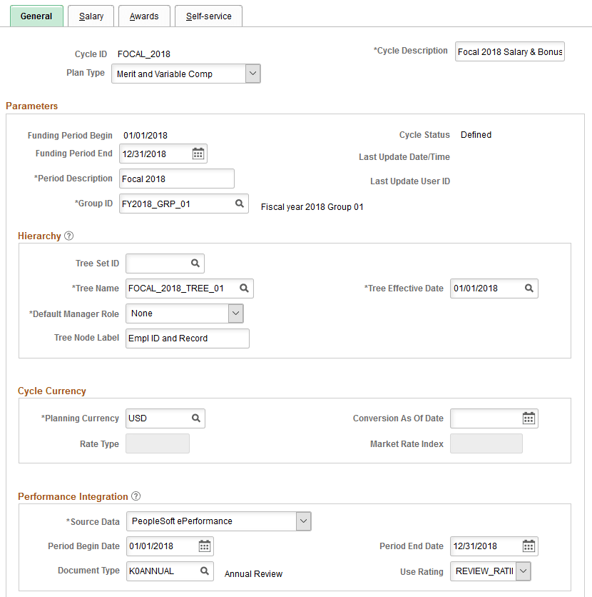 Define Compensation Cycles - General page