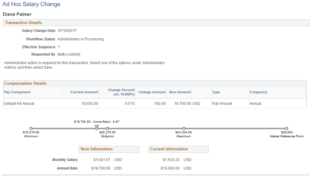 Ad Hoc Salary Change - Administer Request page (1 of 2)