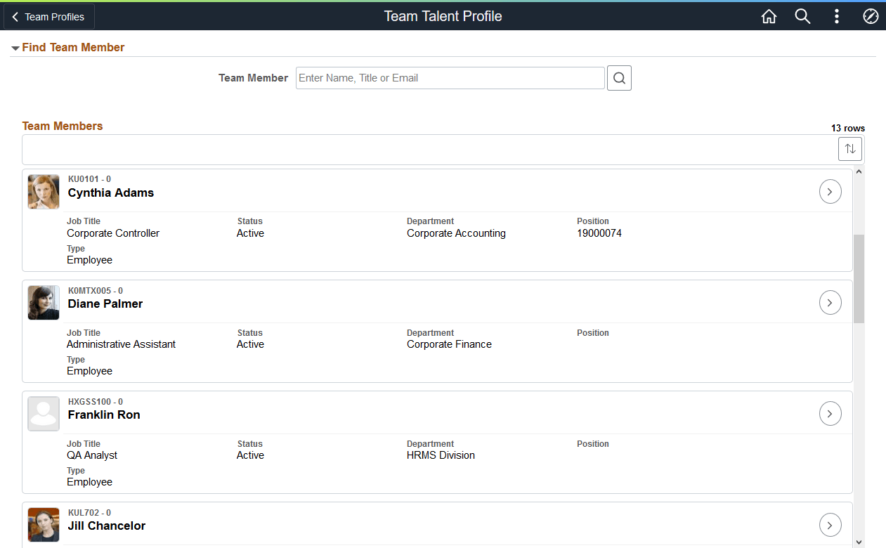 Team Talent Profile - Find Team Member Page