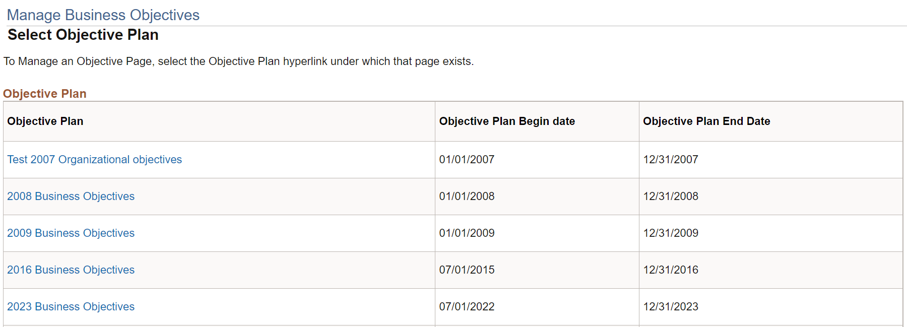 Manage Business Objectives - Select Objective Plan page
