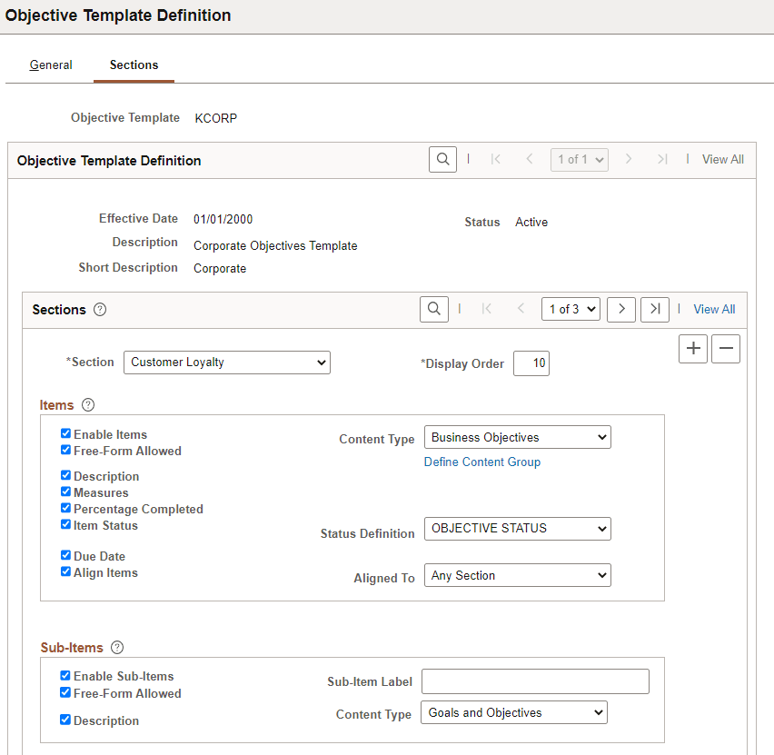 Objective Template Definition - Sections page