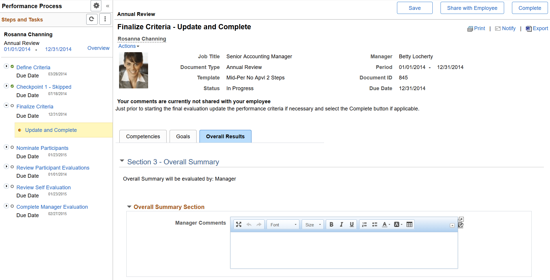Finalize Criteria page displayed in WorkCenter
