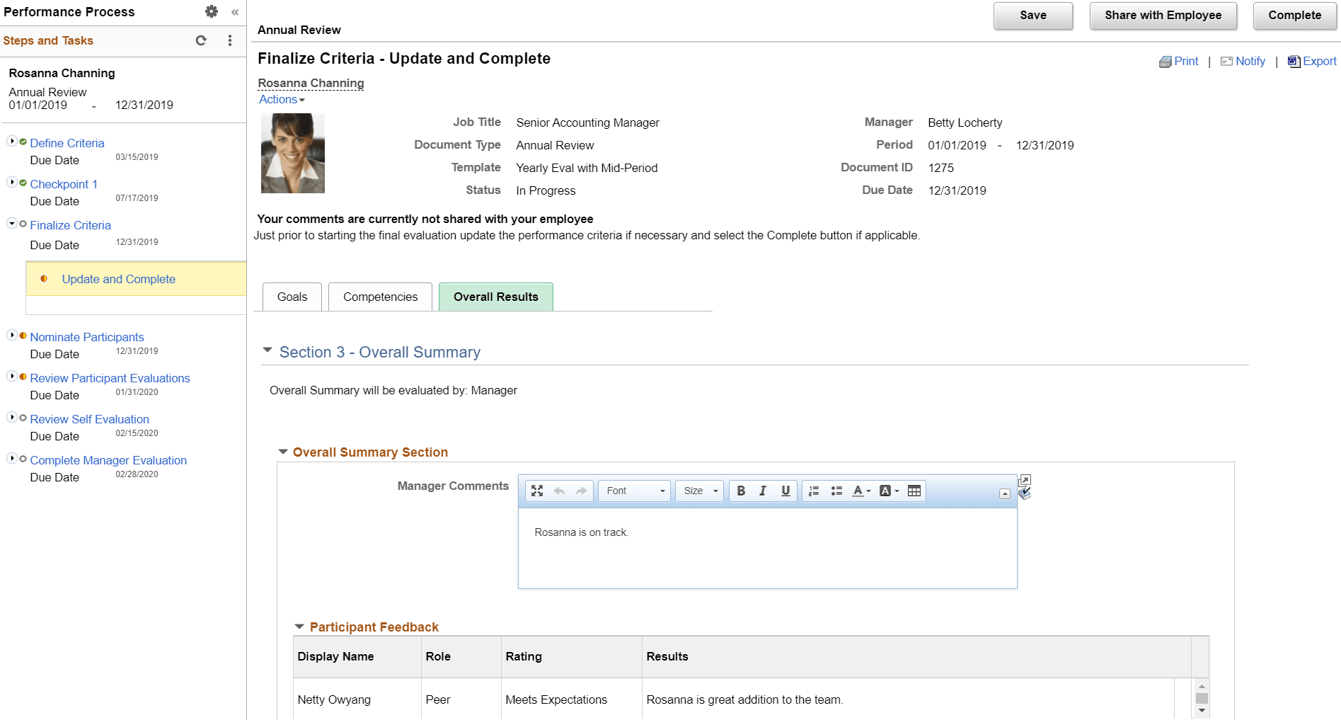 Finalize Criteria page