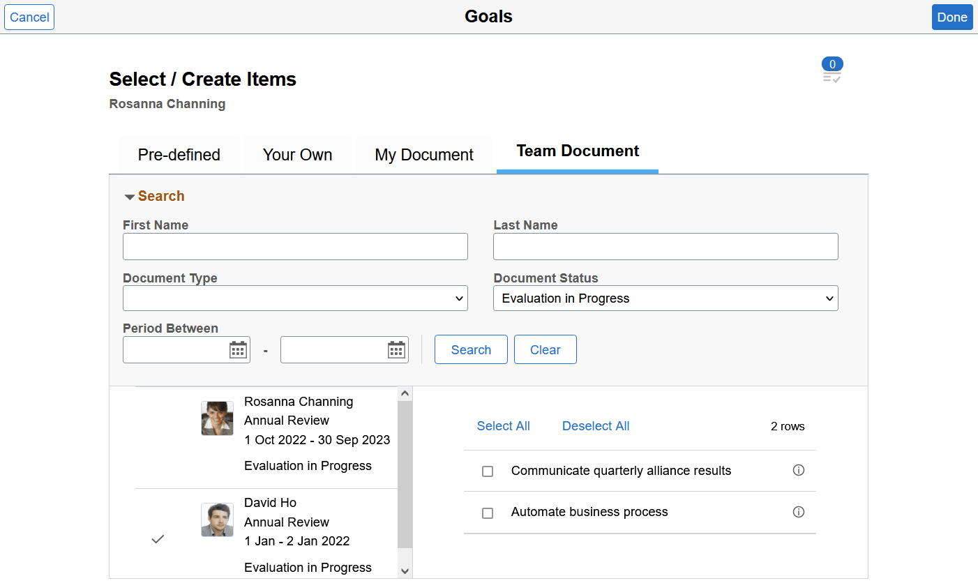 Select/Create Items - Team Document page