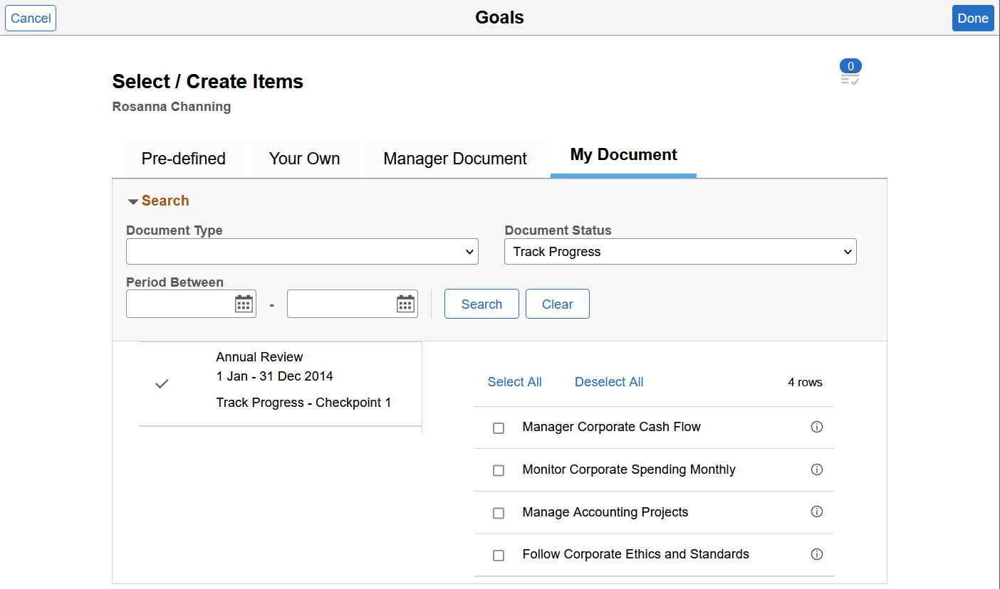 Select/Create Items - My Document page