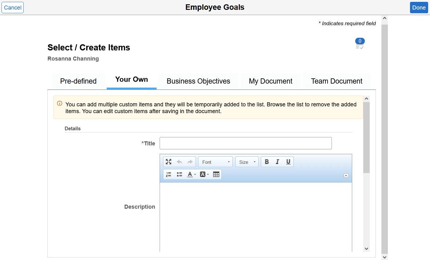 Select/Create Items - Your Own page