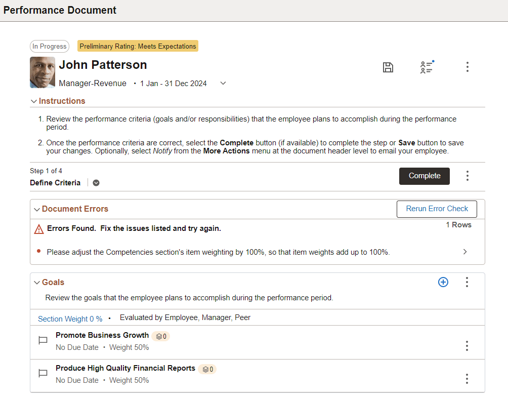 Performance Document page