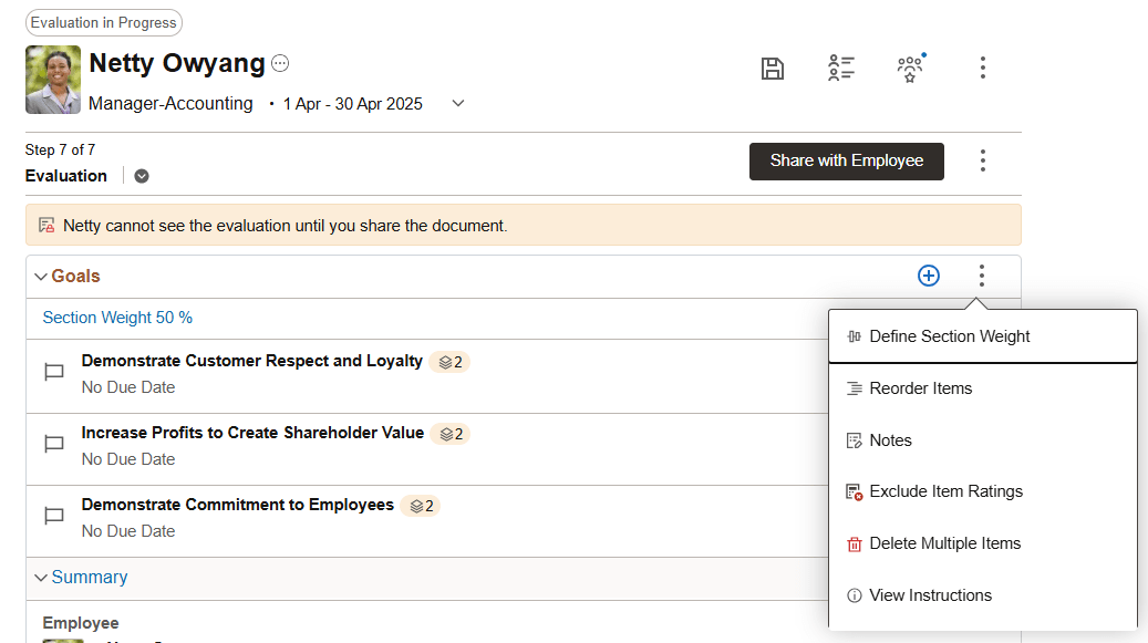 More Actions menu at the section level