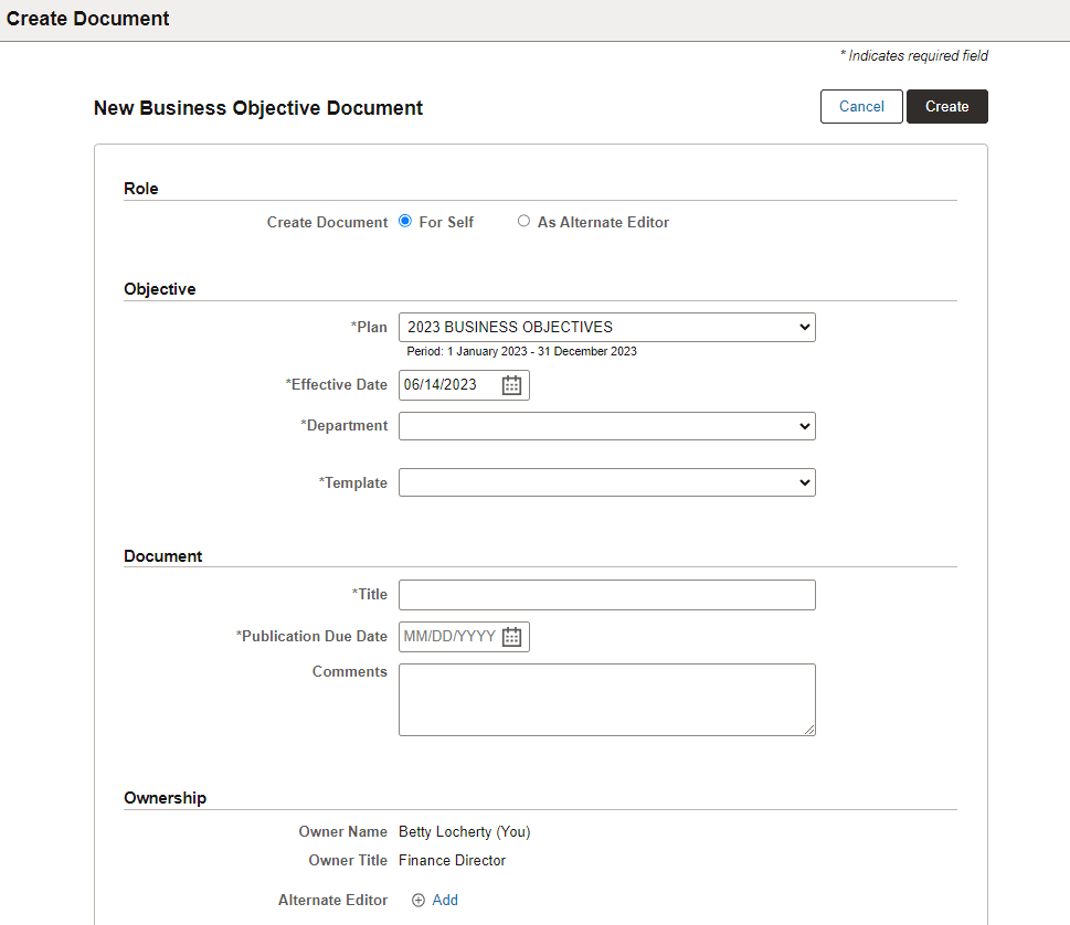 New Business Objective Document page