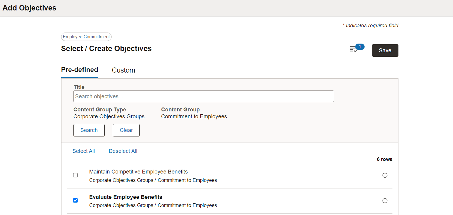 Select/Create Objectives - Pre-defined page
