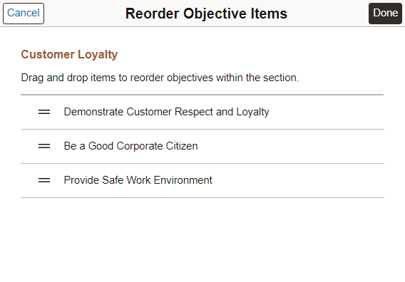 Reorder Objective Items page