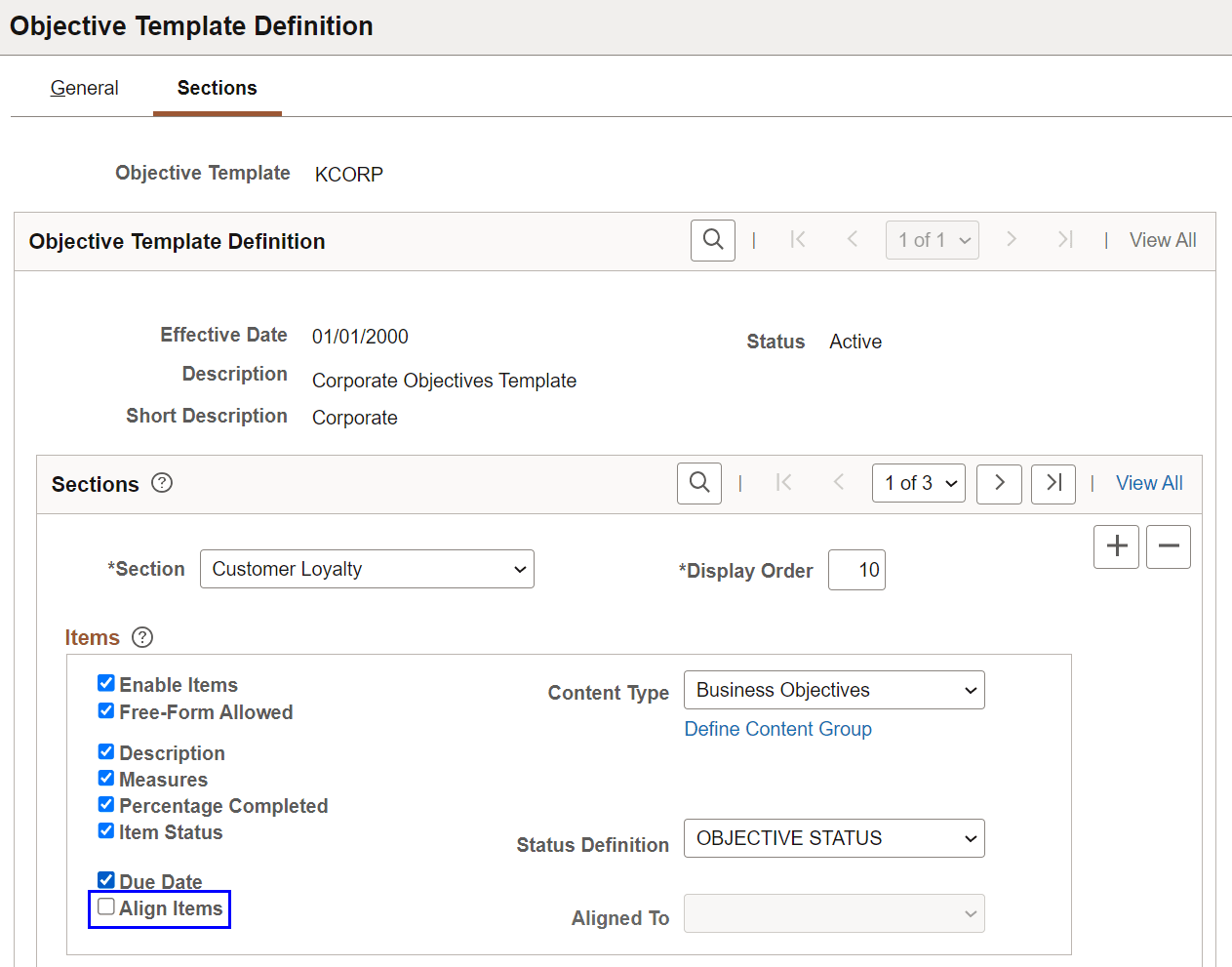 Objective Template Definition - Sections page