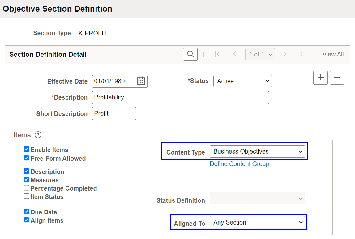 Objective Section Definition page
