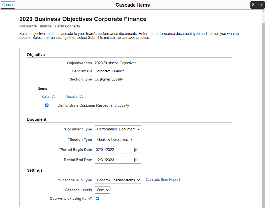 Specify parameters for cascading business objectives on the Cascade Items page by managers