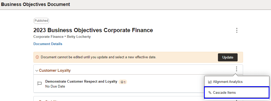 Cascade items on the Business Objectives Document page by managers