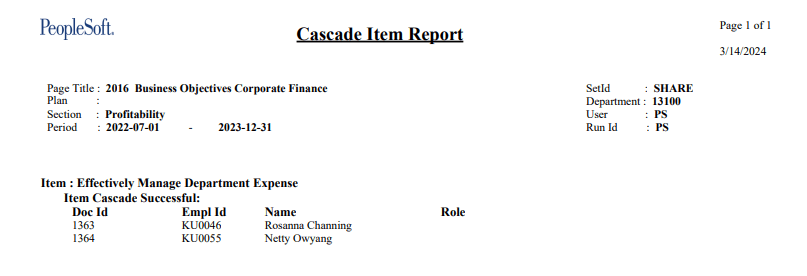 Cascade Item Report listing documents to which business objectives to be cascaded