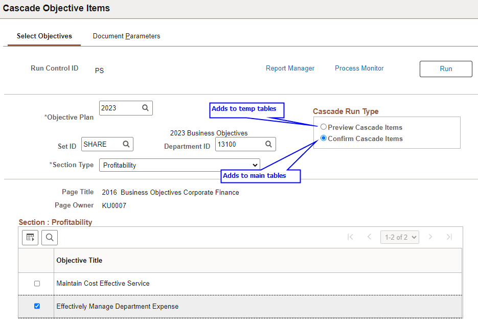Cascade Objective Items - Select Objectives page for administrators