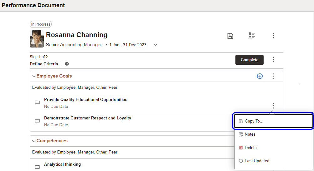 Copy business objectives to other documents on the Performance Document page