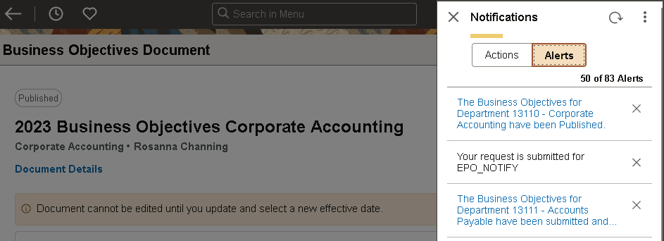 Publication confirmation as informational alert displayed in the Notifications panel