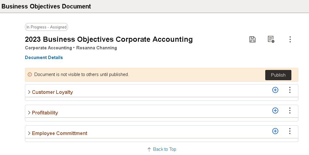 Publish business objective documents on the Business Objectives Document page by managers