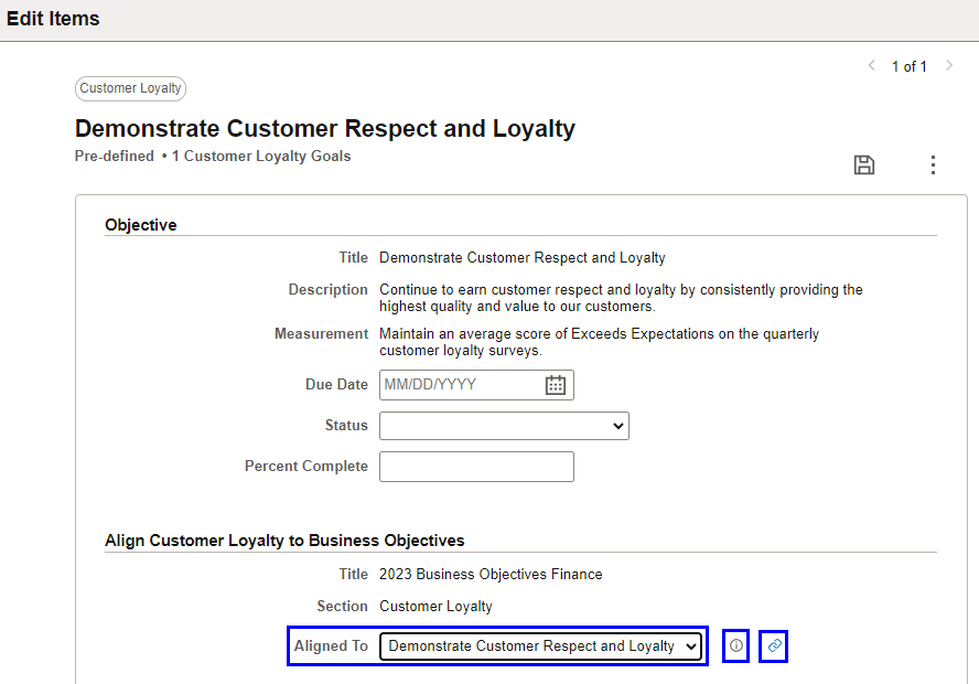 Edit Items page for managers to edit business objectives