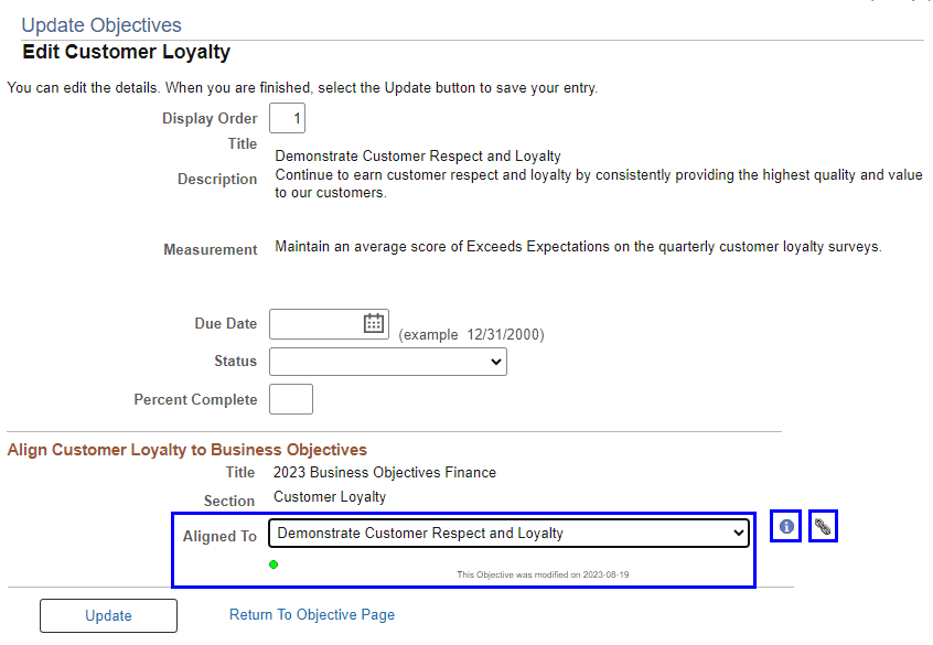 Update Objectives page for administrators to edit business objectives