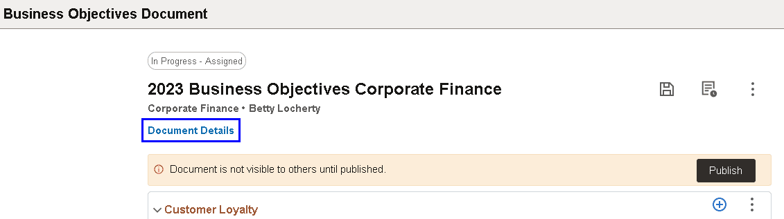Business Objectives Document page for managers to review and update documents