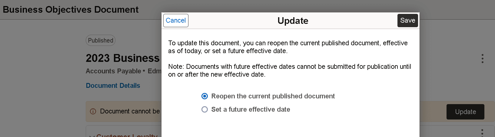 Update page for managers to reopen published business objective documents for edit