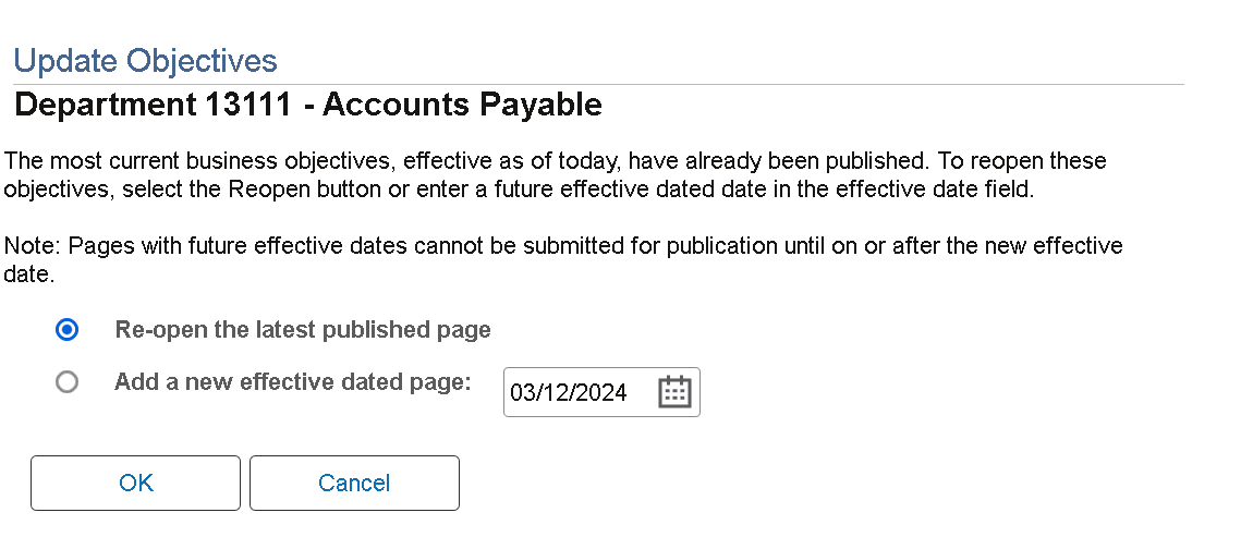 Update Objectives page for administrators to reopen published business objective pages for edit