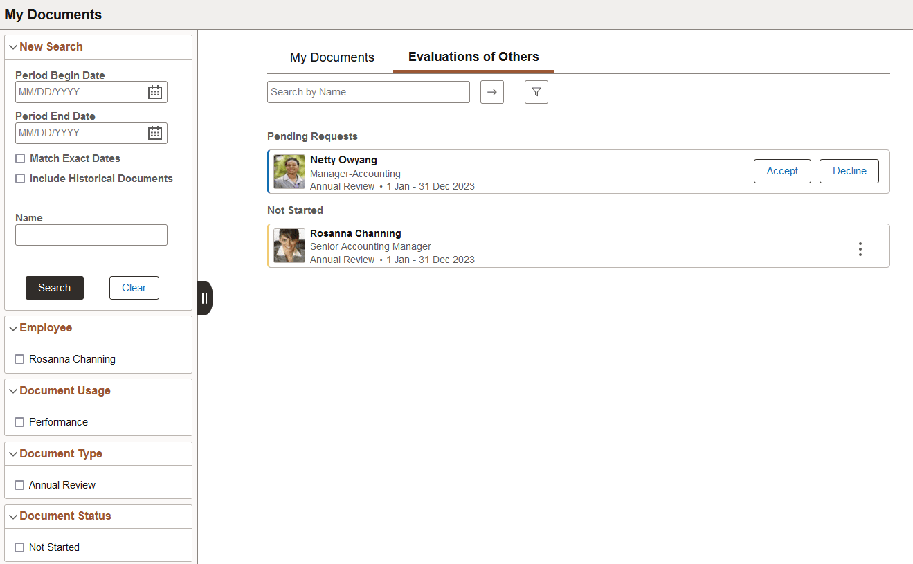 My Documents - Evaluations of Others page