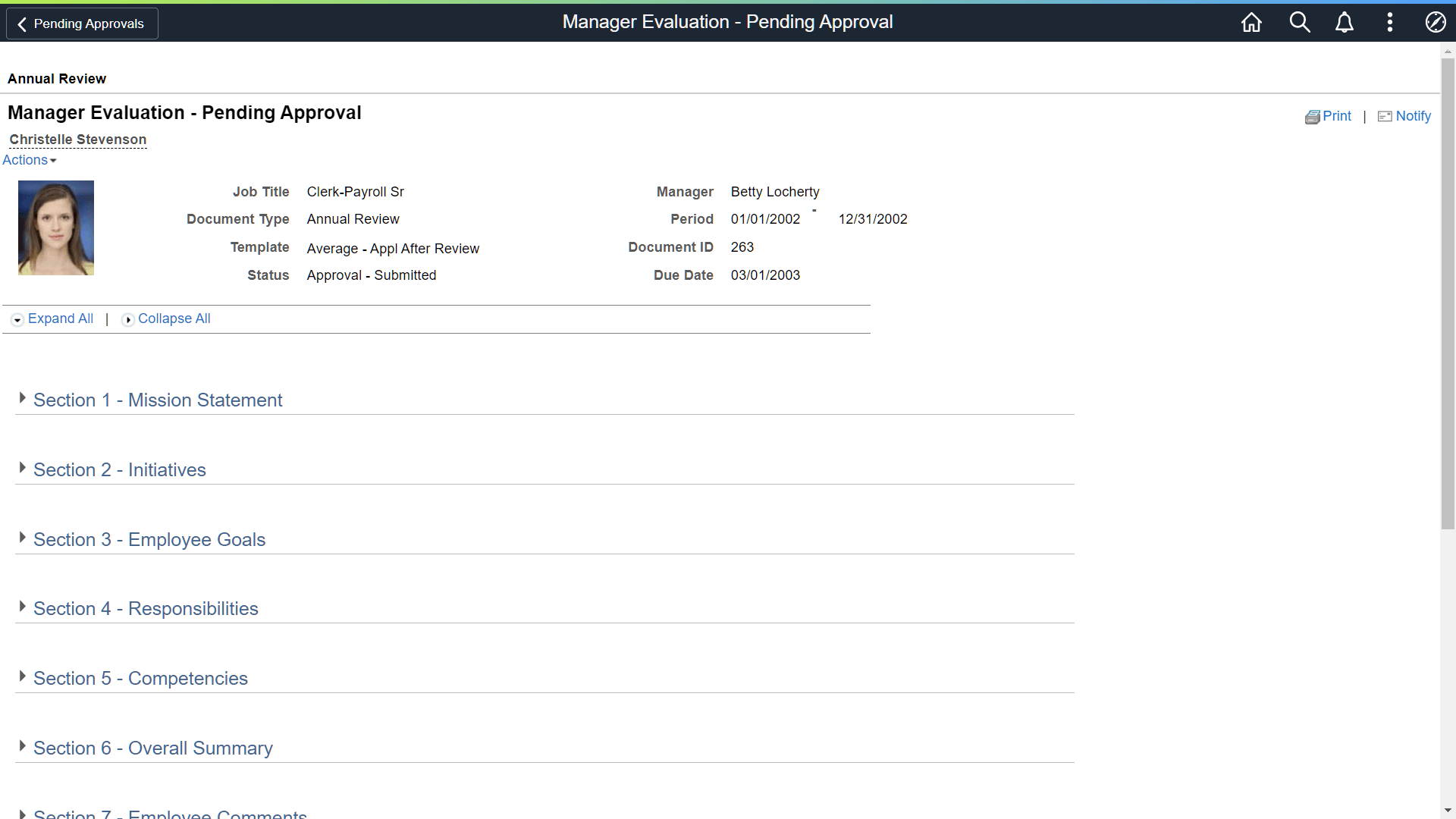 Manager Evaluation - Pending Approval page