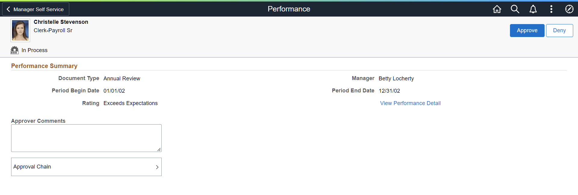 Pending Approvals - Performance page