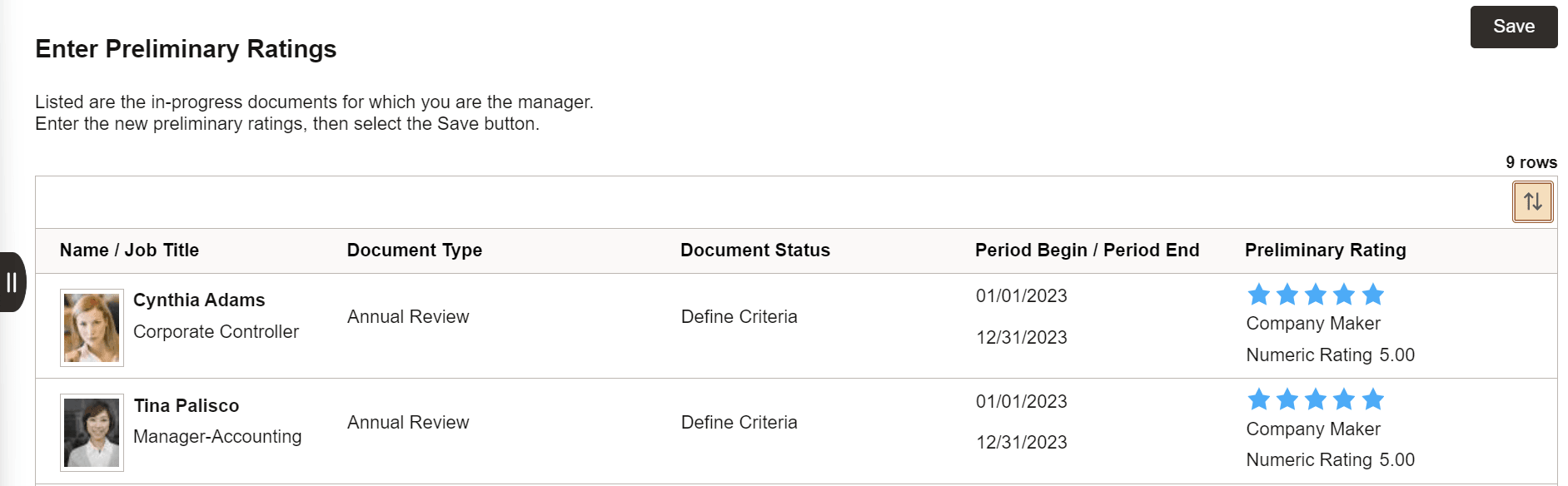 Enter Preliminary Ratings page (Team Performance)