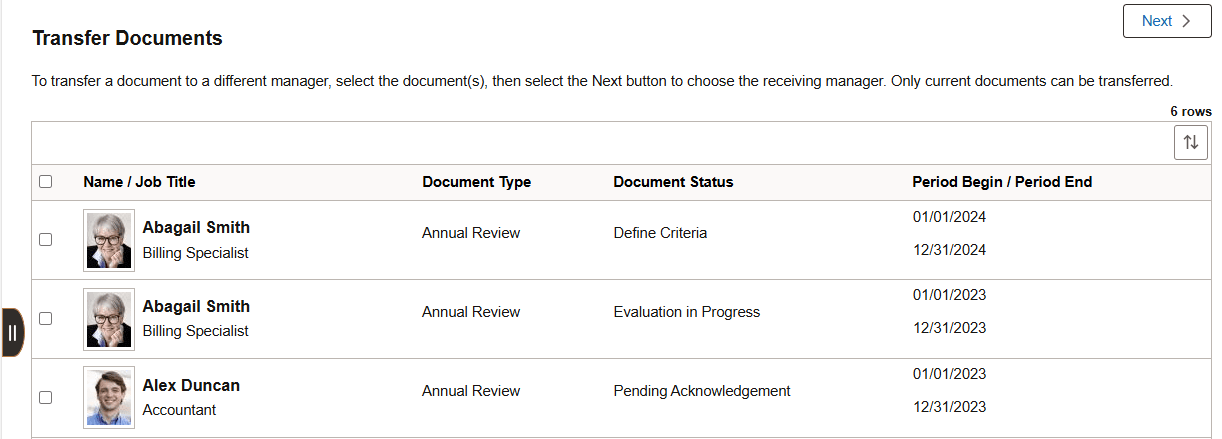 Transfer Documents page (Team Performance)