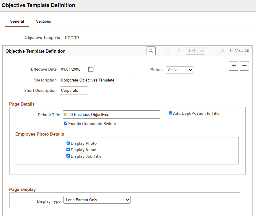 Objective Template Definition - General page