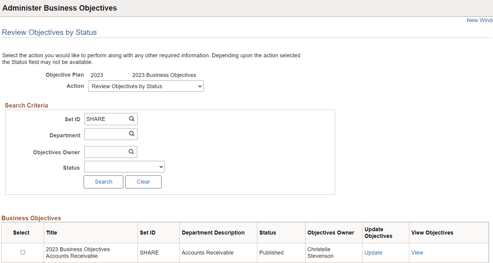 Review Objectives by Status page