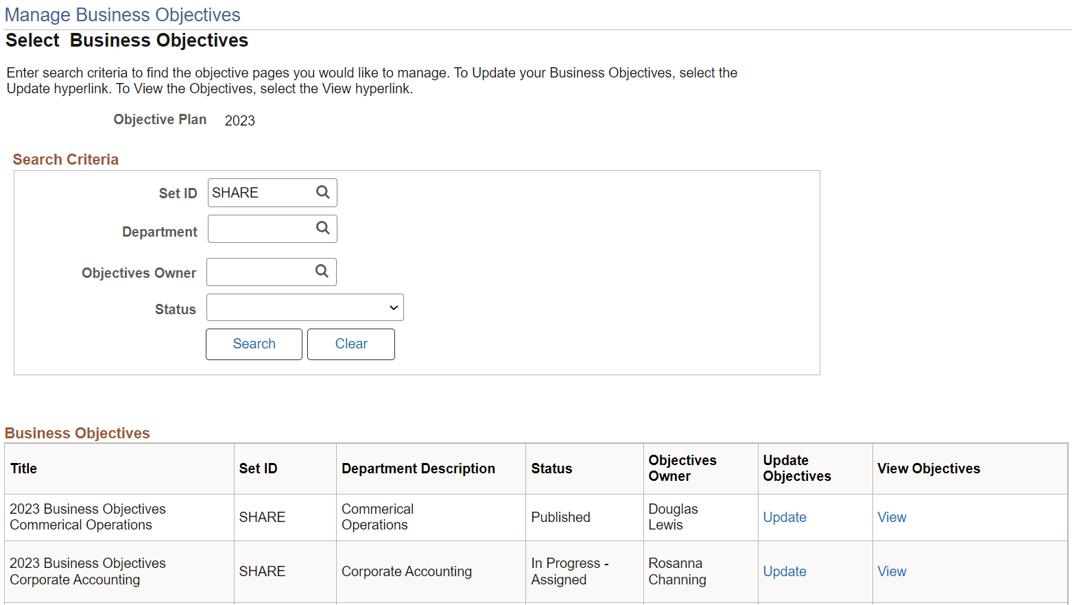 Manage Business Objectives - Select Business Objectives page
